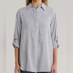 Mac Studio Women Blue White Striped Button-Down Shirt Top Long Sleeve XS 3/4